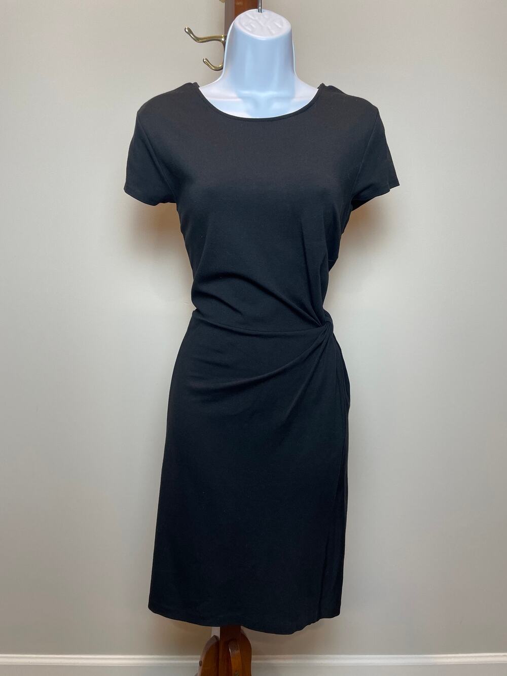 Express Dress Size L Black Side Twist Sheath Cap Sleeve Crew Neck Knee Length